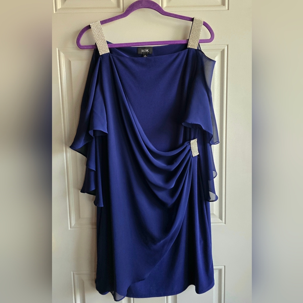 MSK Beaded-Strap Capelet-Back Cocktail Dress in Goddess Blue- XL, 16- EUC
